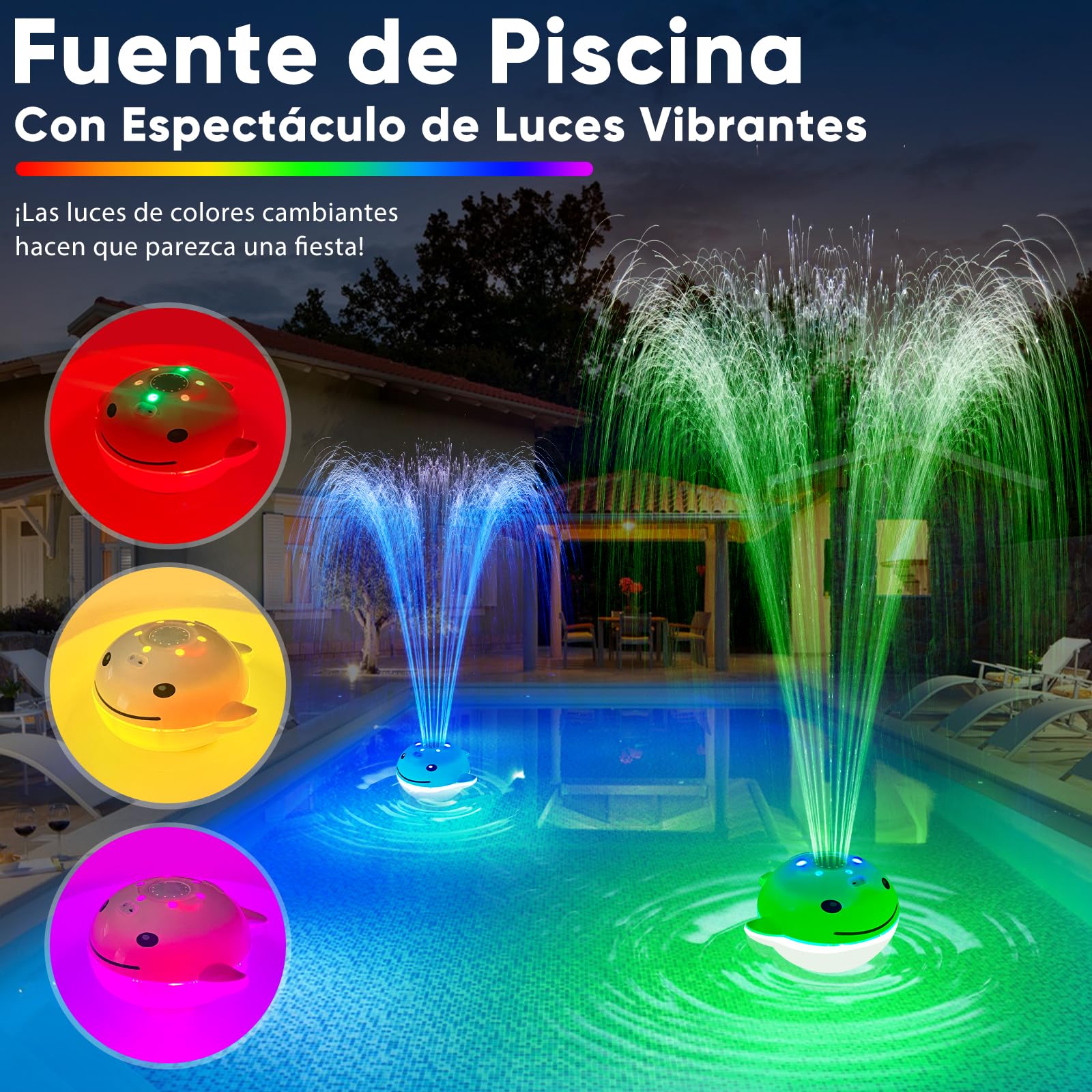 DeeprBling Fuente Flotante para Piscina con Espectáculo de Luces Subacuáticas, Fuente para Piscina Recargable, 2 Modos de Pulverización con Botones y Control Remoto, 7 Modos de Luz & Temporizador