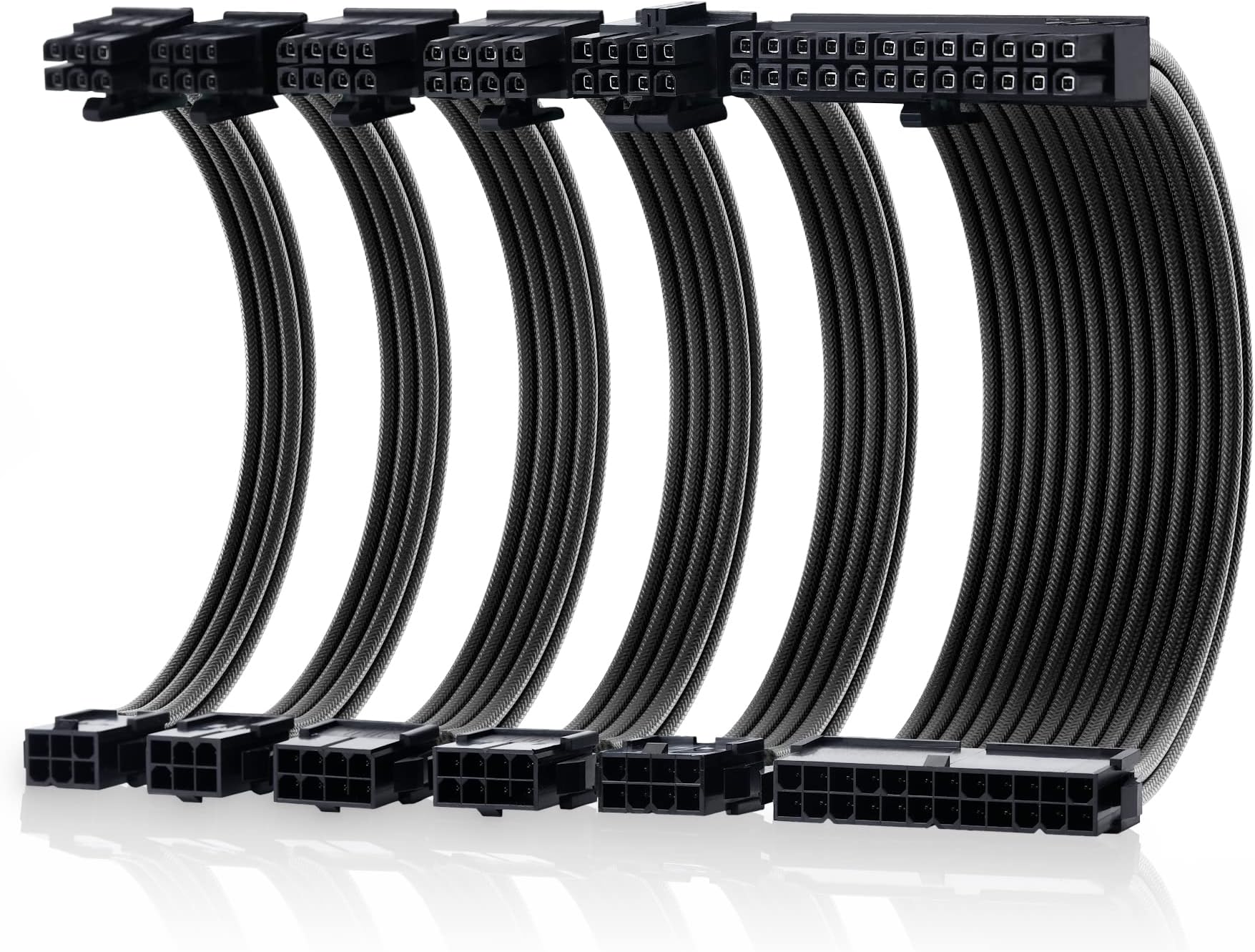 Cable Matters12-inch 6-Piece Sleeved PSU Extension Cable Kit (Power Supply Extension Cable, PSU Cables Kit) in Black – with 24-pin ATX, 4+4 Pin EPS, 2X 8-pin PCIe, and 2X 6-pin PCIe Extension Cables