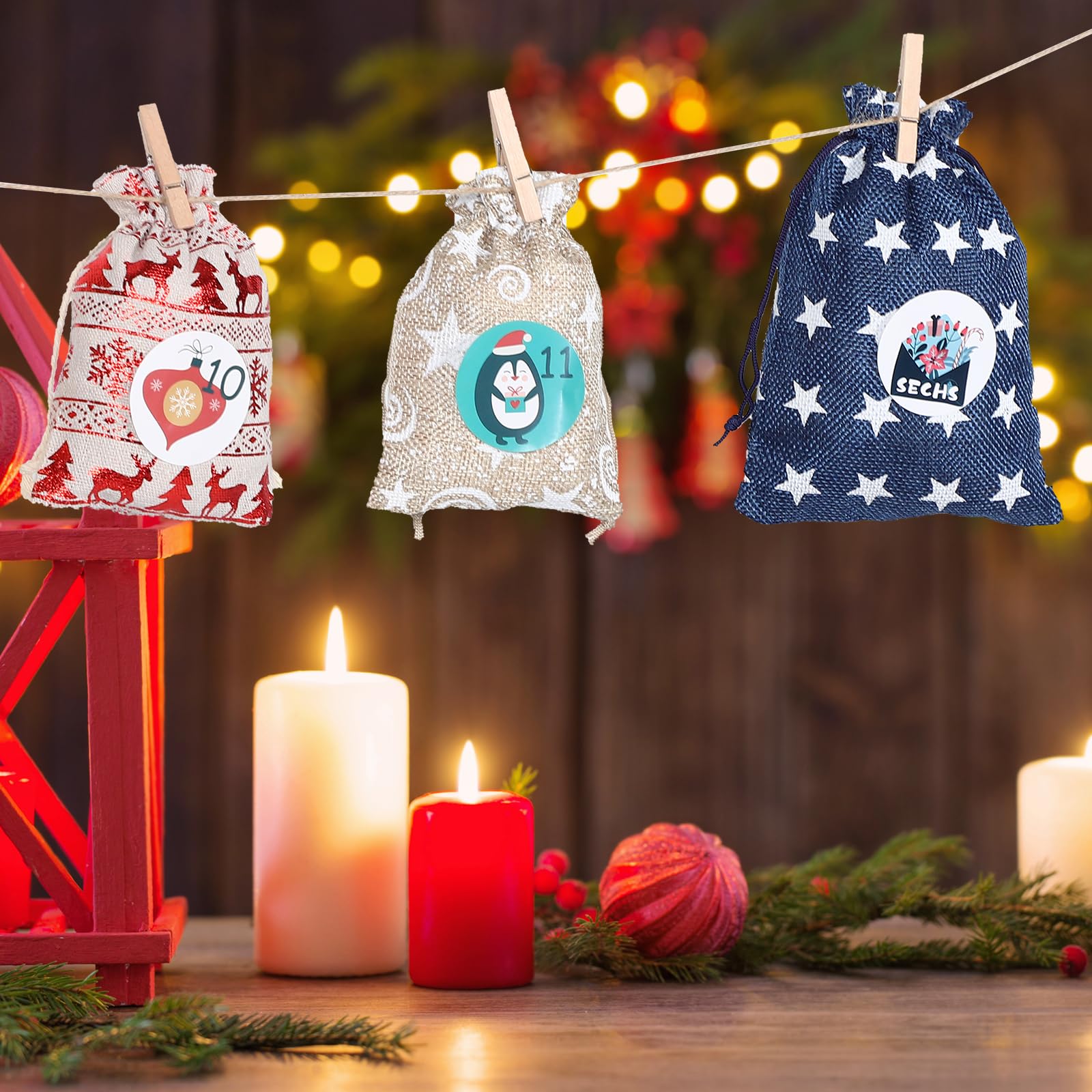 VALICLUD Sachets Cadeaux Jute pour Noël Petits Sacs à Cordon pour Calendrier de Jours Sachets de Bonbons Festifs Accessoires pour Compte à Rebours de Noël