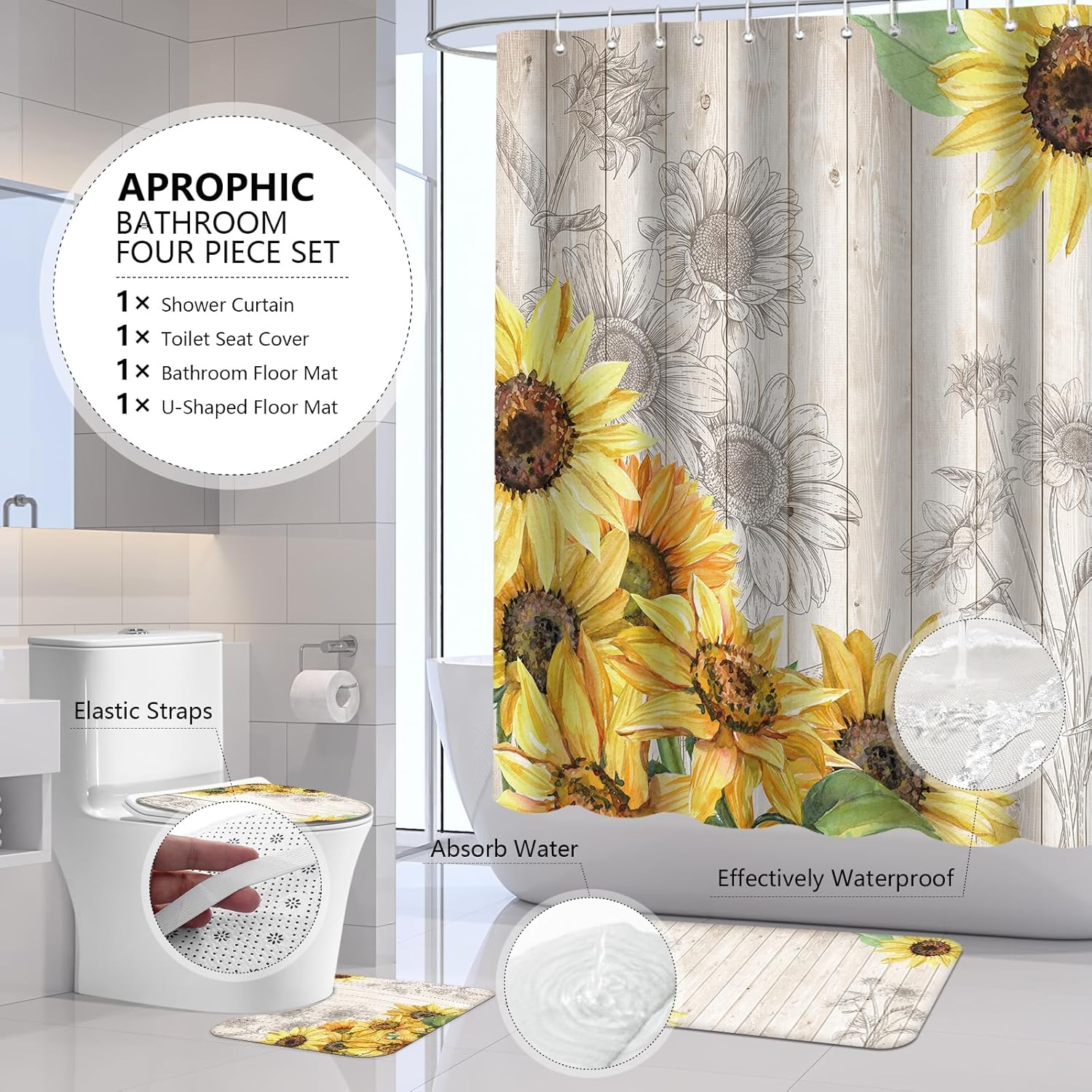 APROPHIC Sunflower Bathroom Sets with Shower Curtain and Rugs -Flower, 4-Piece Shower Curtain Sets with Rugs, Memory Foam Toilet Lid Cover, and Non-Slip U-Shape Bath Mat 72x72 in