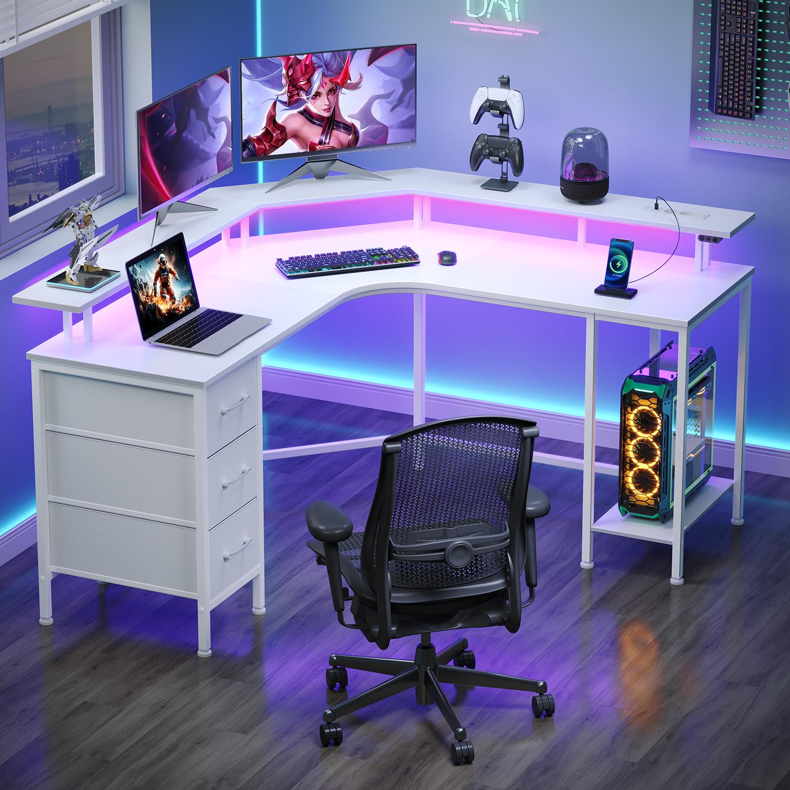 Seventable L-förmiger Gaming Schreibtisch mit LED-Beleuchtung & Steckdosen, Eckschreibtisch mit 3 Stoffschubladen & Ablage, Computertisch für Home Office & PC-Gaming,Weiß,119×119×88 cm