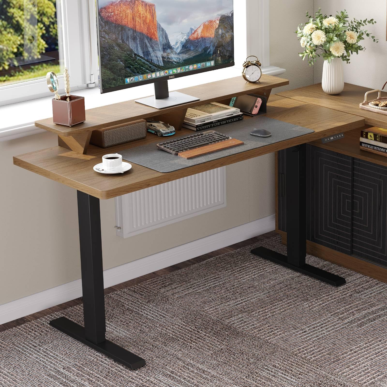 ONBRILL Standing Desk with Adjustable Monitor Shelves 55 x 24 Inches Electric Stand Up Desk with Memory Controller