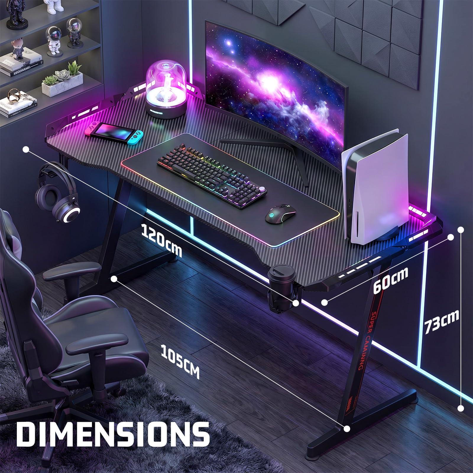 120 x 60 cm Gaming Tisch mit LED Desk mit Kopfhörerhaken und Getränkehalter | PC Tisch Gaming mit Kohlefaseroberfläche, Z-Form Gamer Schreibtisch Stabiler Computertisch für Gaming Home Office, Schwarz