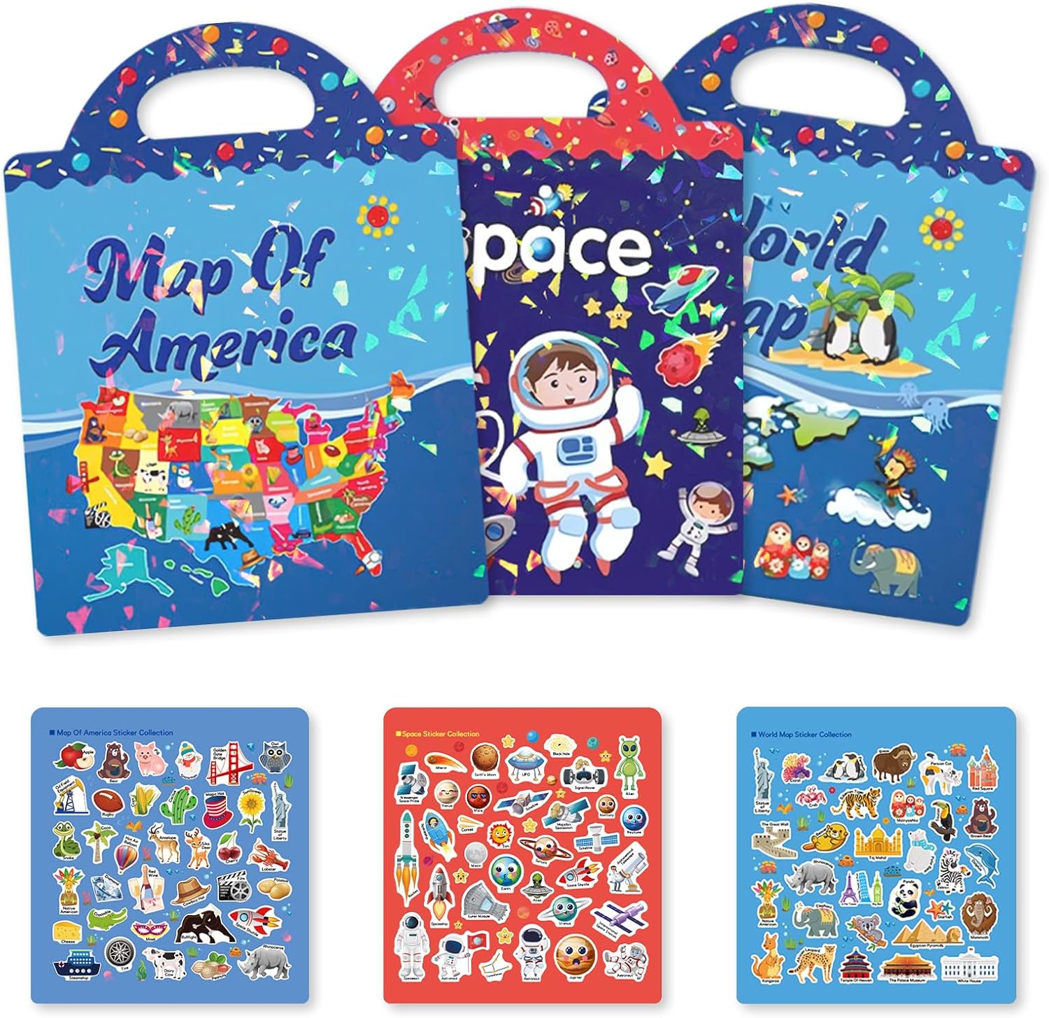 EazierWizter Reusable Sticker Book for Toddlers 2-4 Years, Toddler Activities Crafts Preschool Learning Travel Toys – 3 Pack Sticker Books for Kids (Space and World Map)