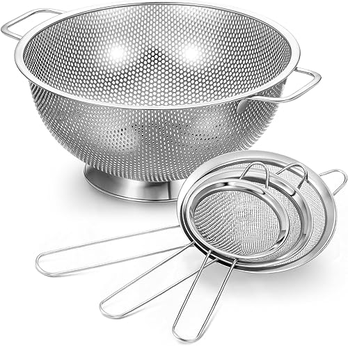Norme Colador plateado de acero inoxidable de 4 cuartos y 3 coladores de malla fina plateada, colador de metal para pasta, arroz y alimentos con