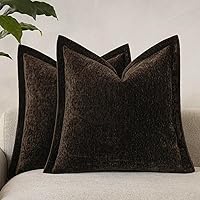 Vivrudil Chenille Luxury Throw Pillow Covers 18x18 Inch Set of 2 Dark Brown - Wide Edge Textured Velvet for Couch Sofa Decor