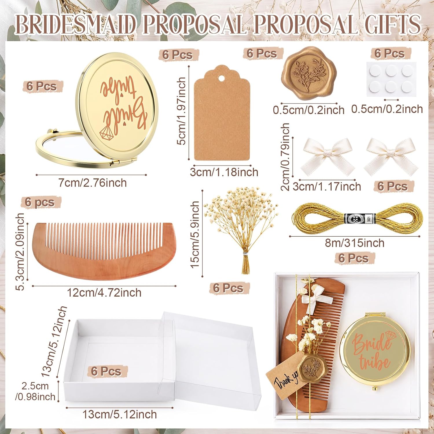 Hushee 6 Set Bachelorette Party Gifts Include Compact Mirror and Hair Comb with Dried Flower Bow Wax Seal Kraft Cards Twine and Nano, Bridesmaid Proposal Gift for Bridal Shower Wedding Spa Favor