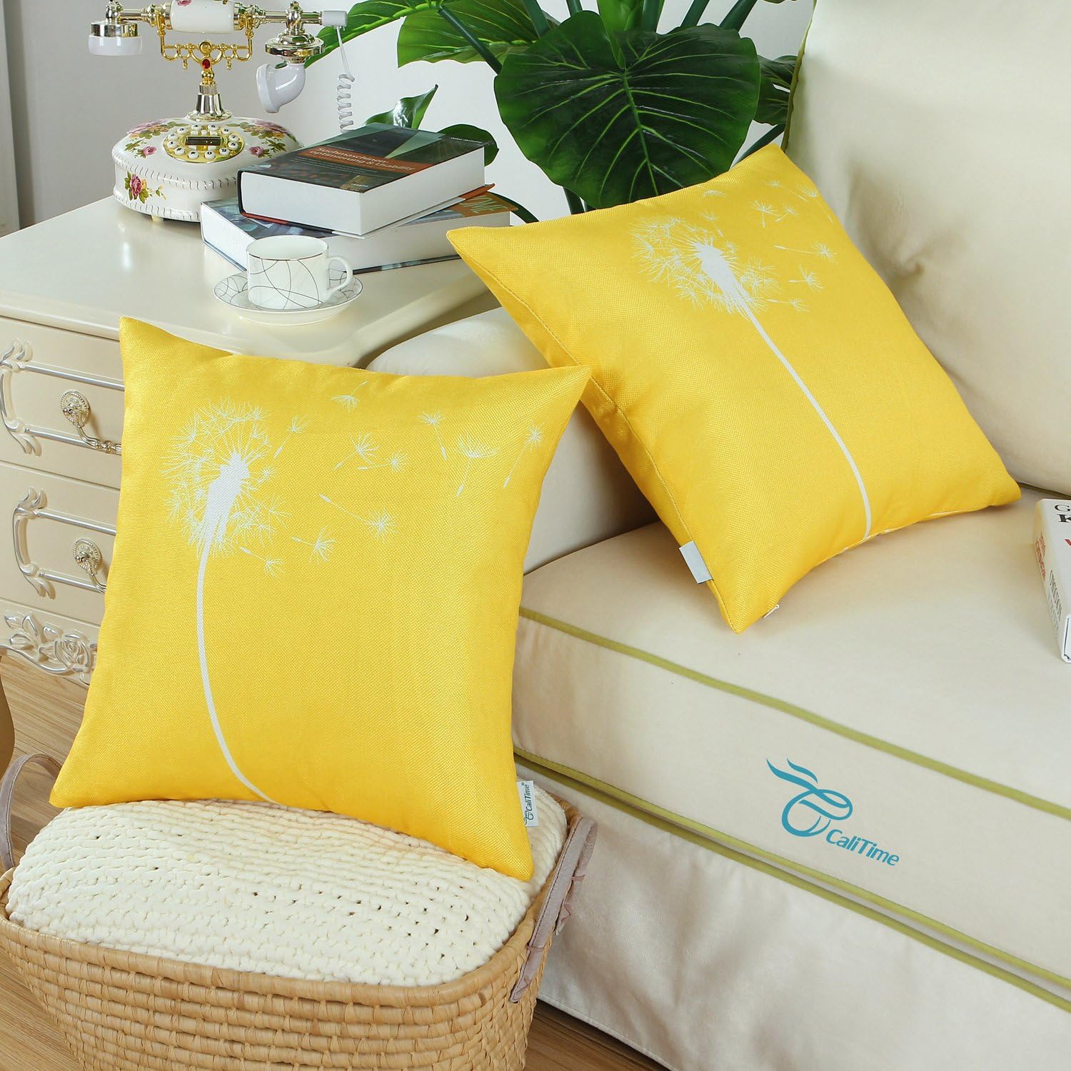CaliTime Pack of 2 Canvas Throw Pillow Covers Cases for Couch Sofa Home Decoration Solid Dandelion Print Both Sides 18 X 18 Inches Vibrant Yellow