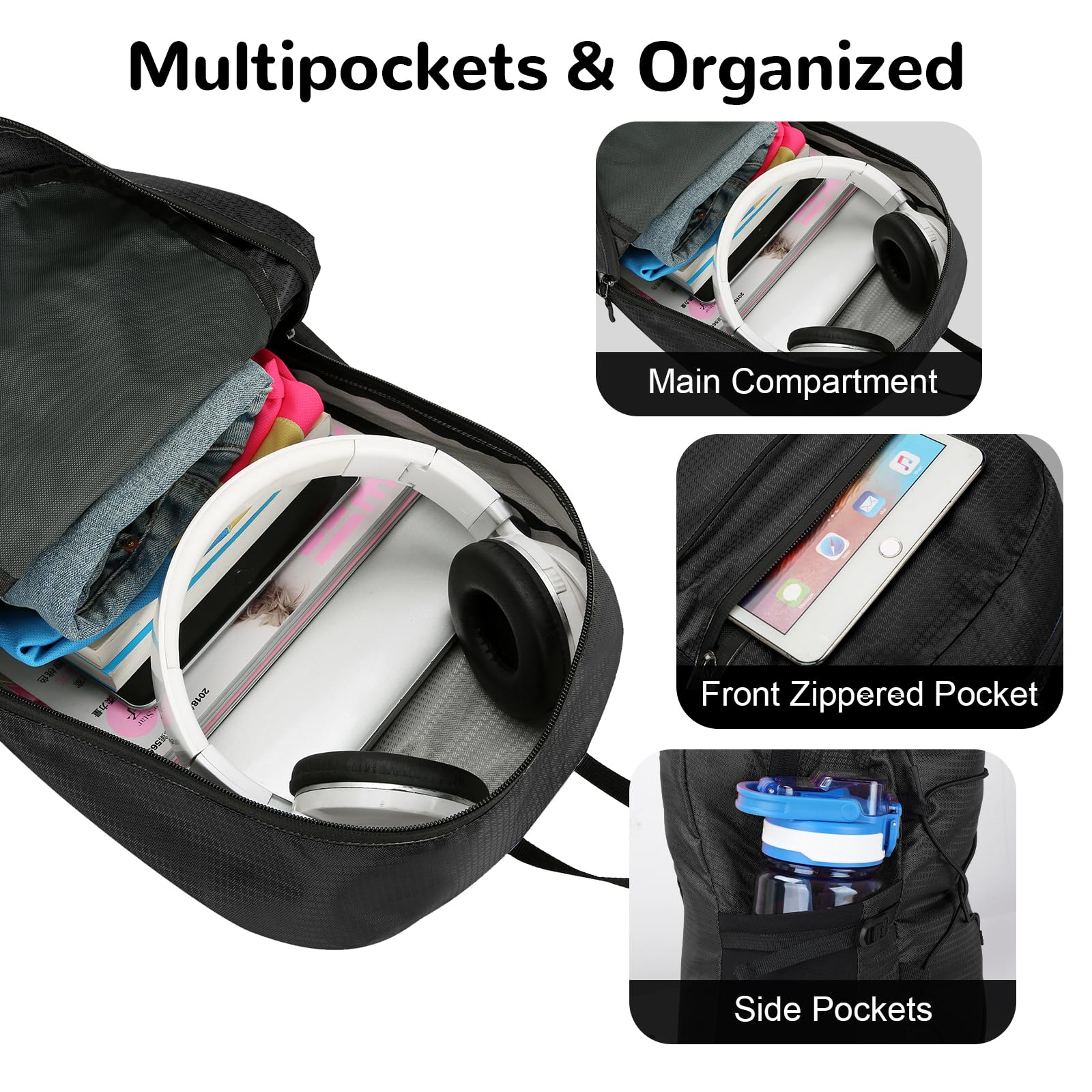 Mochila Plegable 15L Outplra, Mochila Senderismo Respirable Ultraligera para Mujer Hombre, Negro