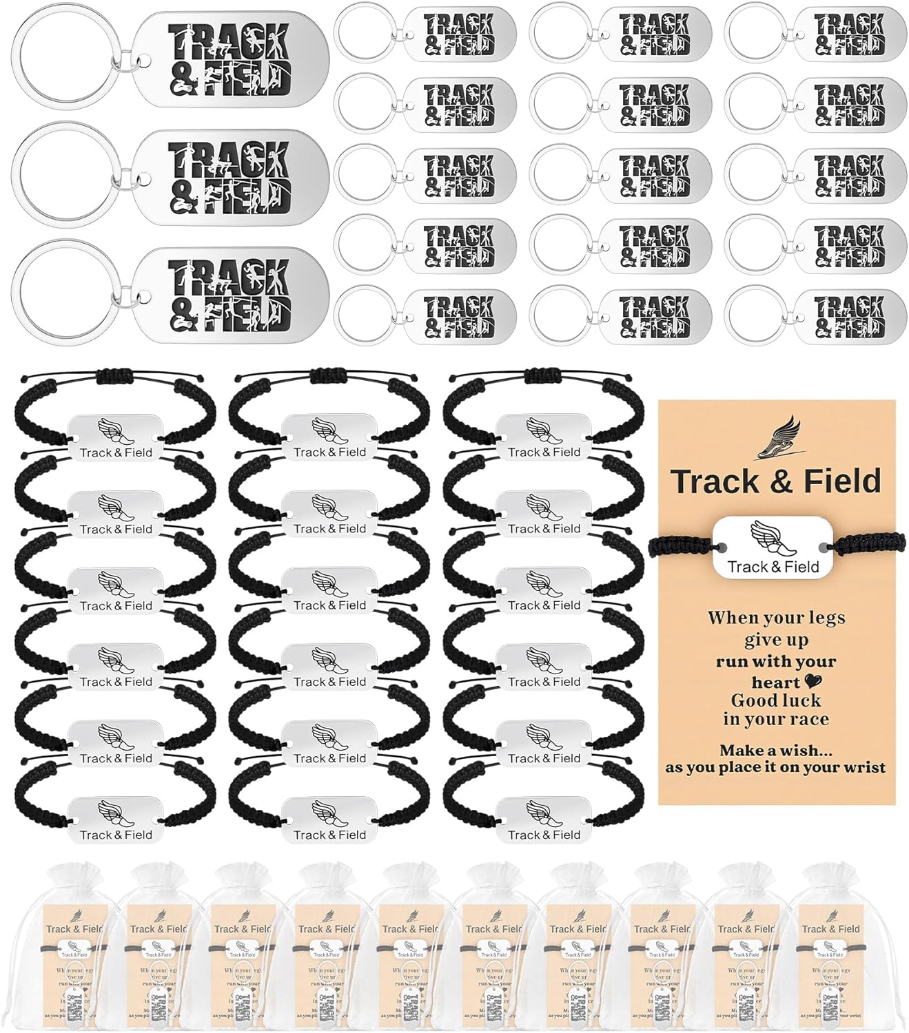Huquary 18 Sets Track and Field Gift for Runner Bulk Stainless Steel Track and Field Keychain Adjustable Running Bracelets Charm with Cards and Organza Bags for Men Women Marathon Team