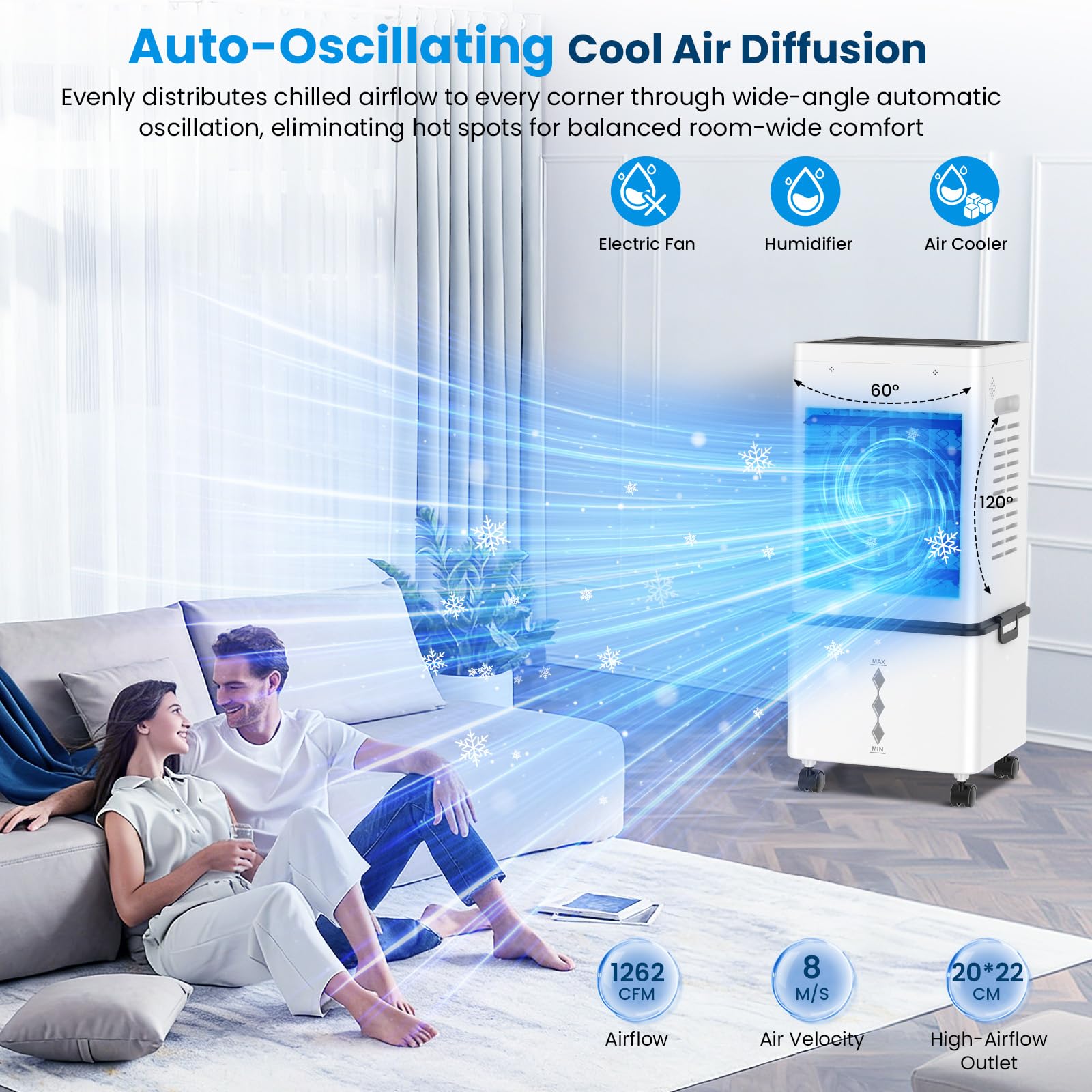 Climatiseur Mobile 12L, Refroidisseur d'Air Évaporatif avec Télécommande, 6 Vitesses et 2 Modes, Minuterie 24H, 4 Boîtes des Glacières, 45W Climatisation Portable pour Maison Bureau Chambre Cuisine