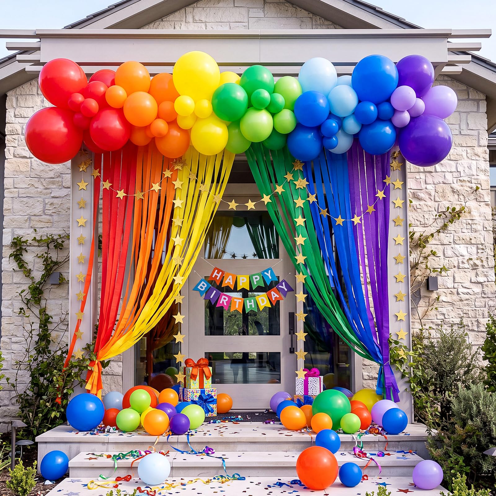 Kit di 145 palloncini arcobaleno per decorazioni fai da te, con palloncini in carta crespa e ghirlanda di stelle per compleanno, ritorno a scuola, carnevale, feste estive (arcobaleno)