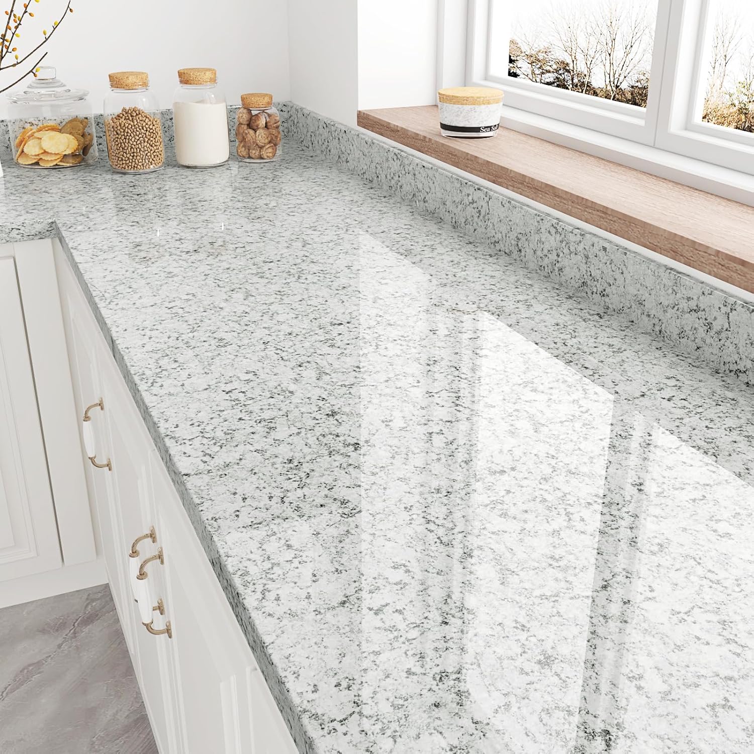 WESTICK Grey Granite Contact Paper Peel and Stick Countertops Waterproof Glossy Marble Vinyl Wrap 17.5"x120" Self Adhesive Removable Terrazzo Wallpaper for Kitchen Tables Backsplash RV
