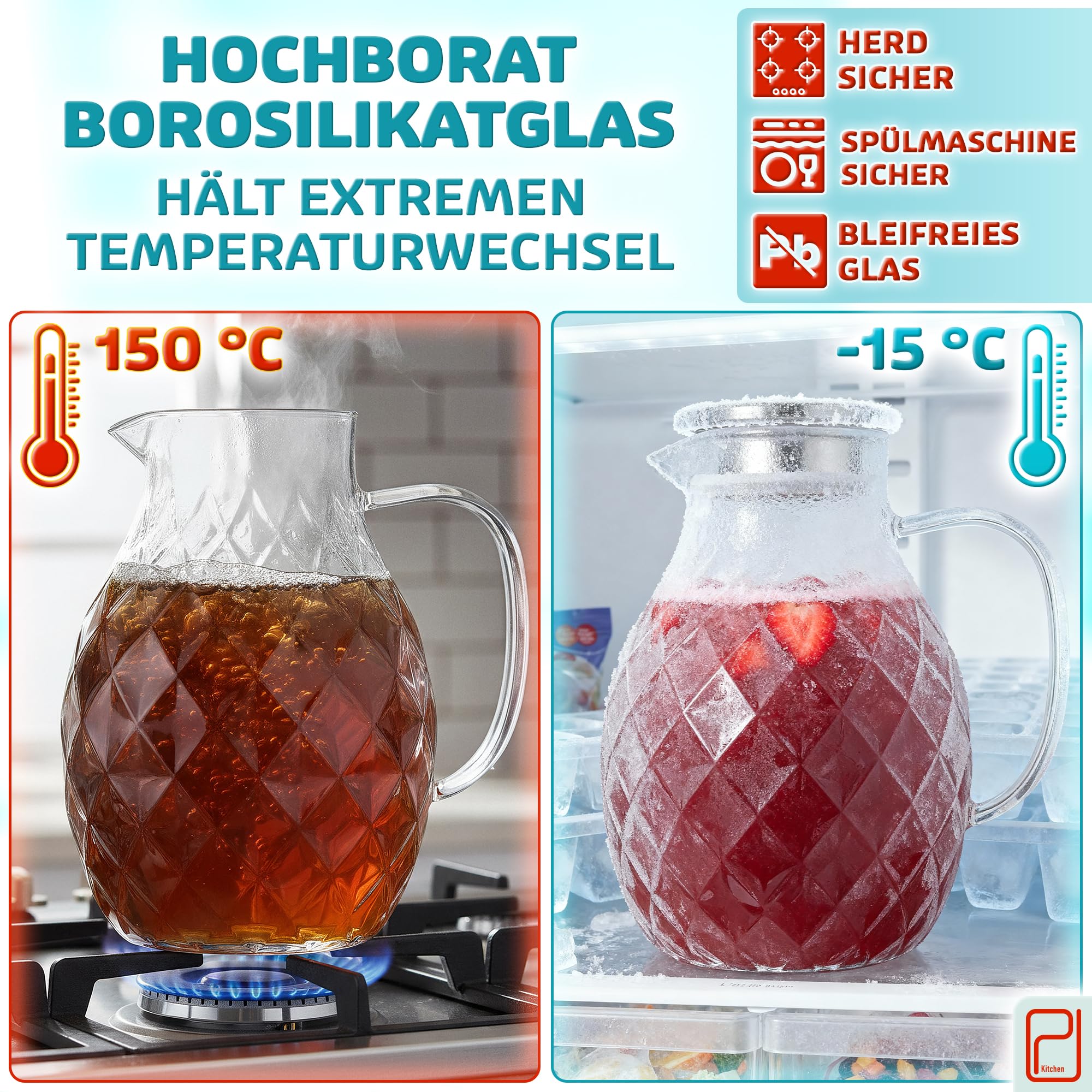 Premium Borosilikat Glaskaraffe + Deckel + Ausguss - 2 Liter - Borosilikatglas Wasserkrug mit Griff - Karaffe für Heiß- / Kaltgetränke - Eistee Glaskanne