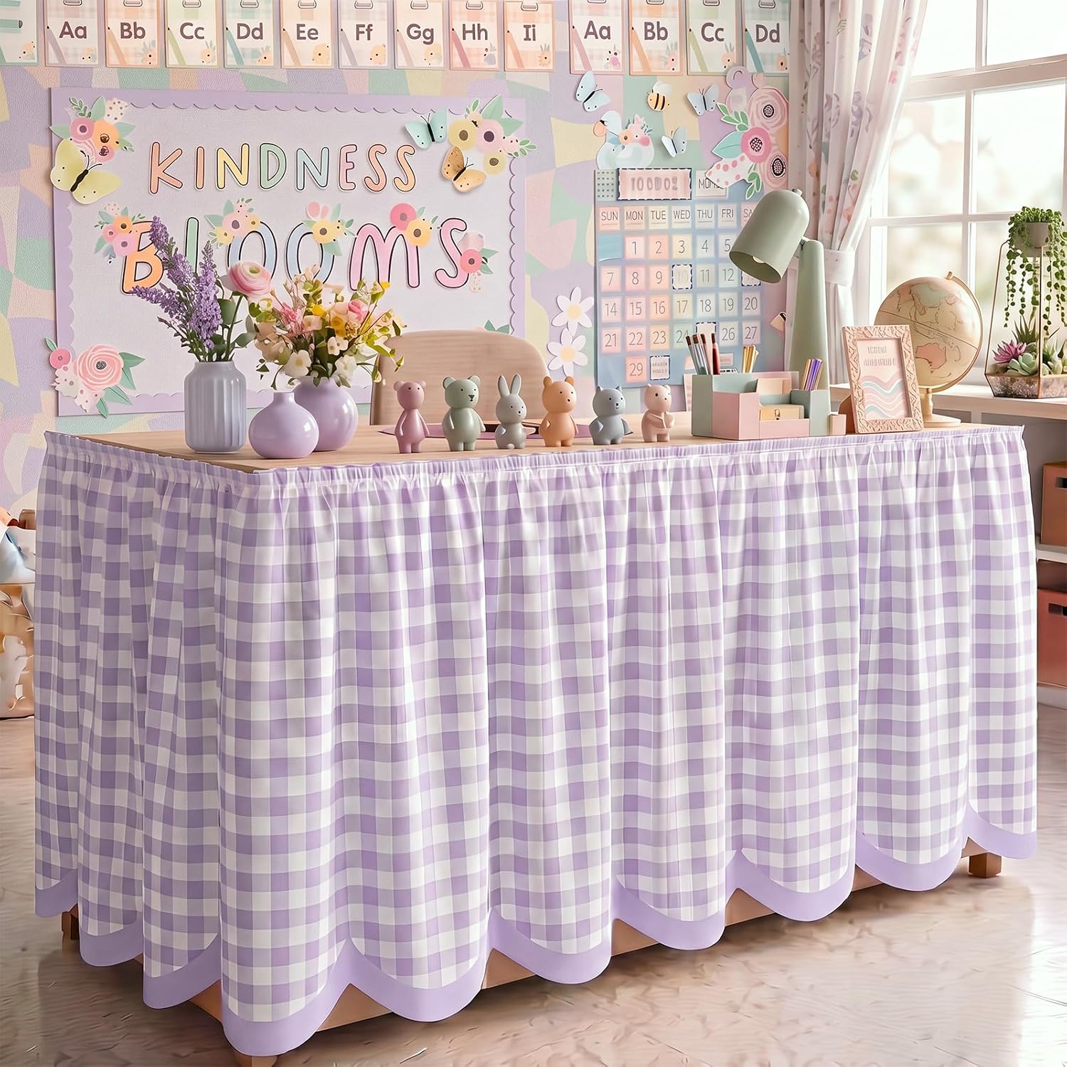 9 ft Gingham Teacher Desk Skirt, Kidney Table Skirt for Classroom, Green