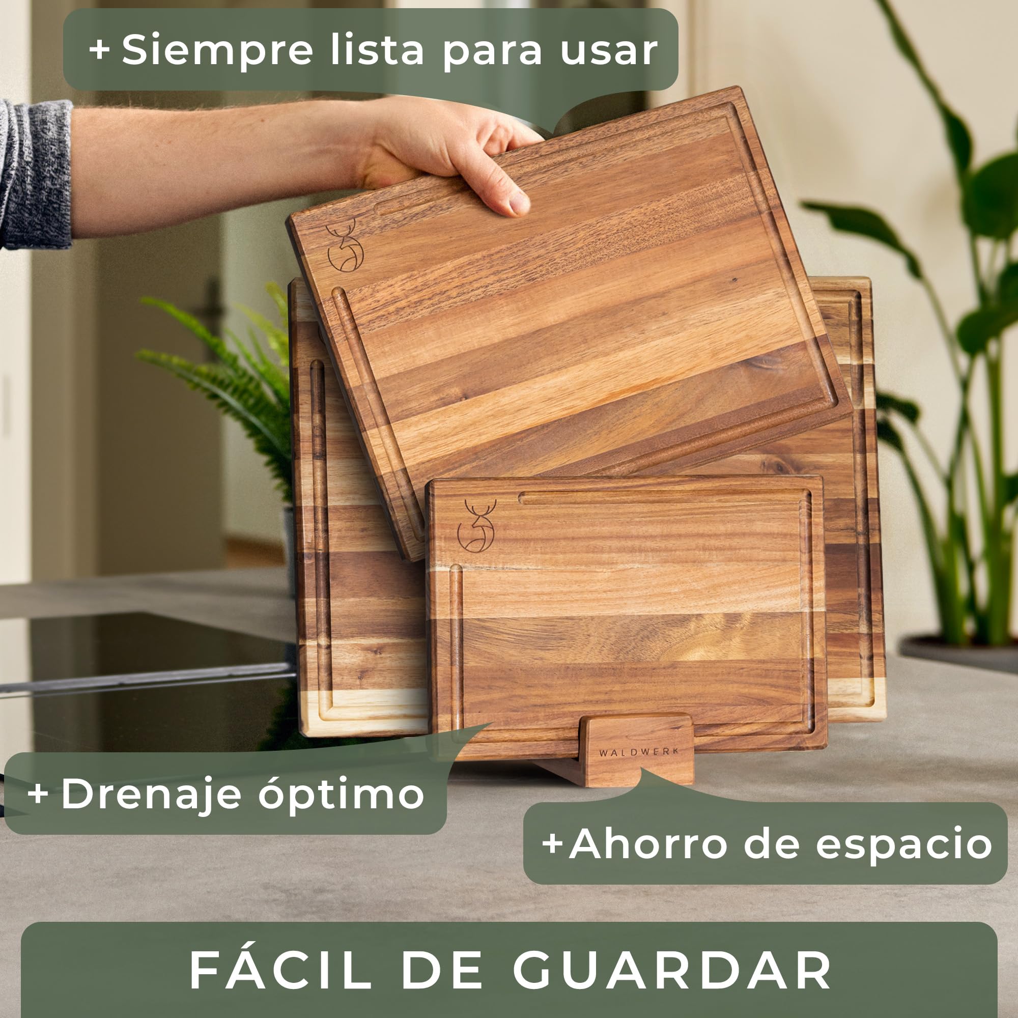 WALDWERK Tablas de Cocina (40x30 / 33x24 / 26x18 cm) de madera maciza de acacia – Juego de 3 tablas de cortar con soporte – Tabla cortar cocina de 2 cm de grosor con canal para jugos – Tablero madera
