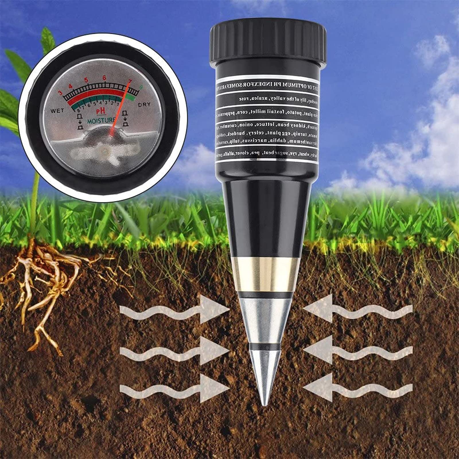 Medidor de Humedad del Suelo, portátil Instrumento de pH, Sensor de Humedad - No Necesita batería - Probadores de la Tierra para jardinería
