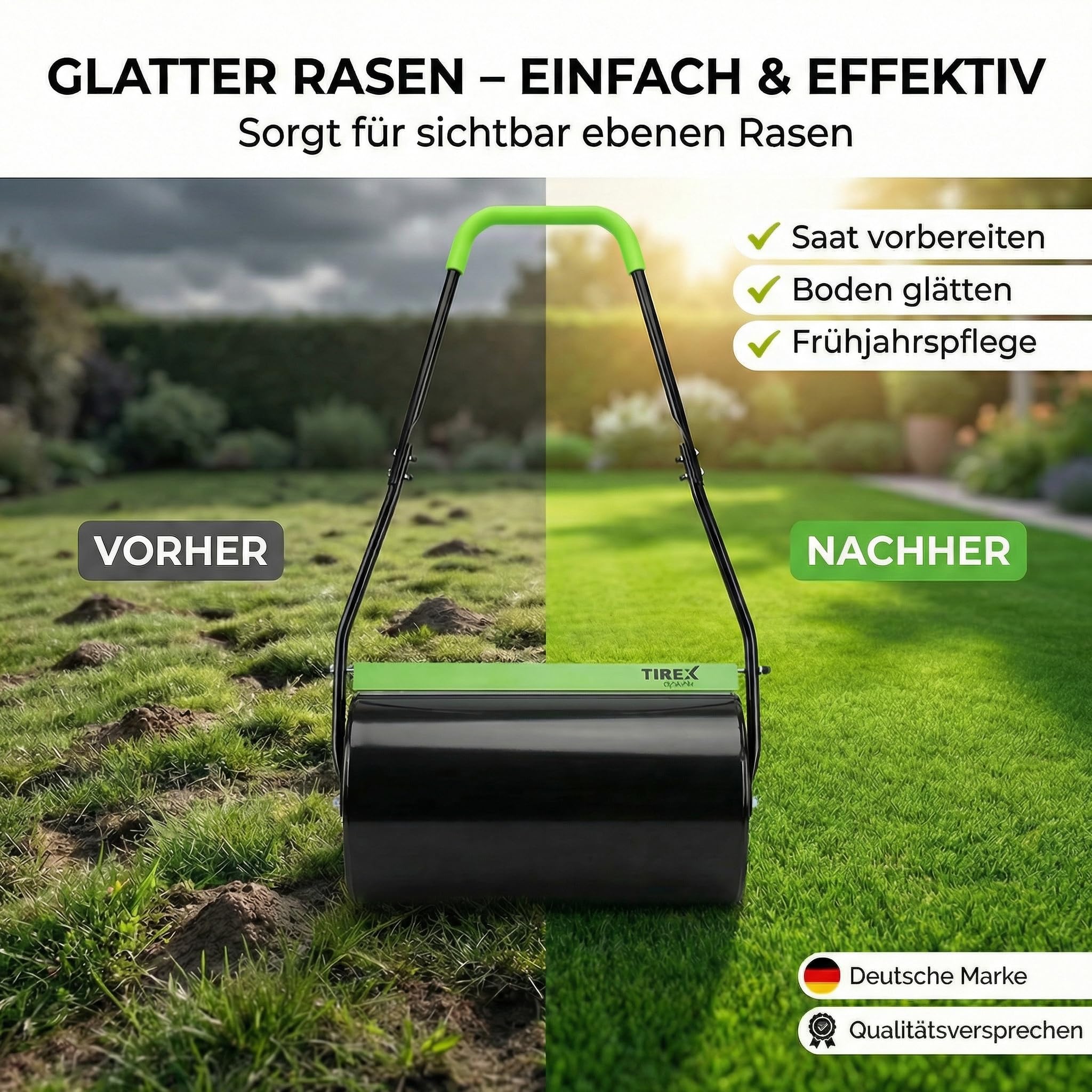 TIREX by xonic® Rasenwalze, Gartenwalze aus Metall, Befüllbar bis 50L, Handwalze für Garten und Rasen (Grün)