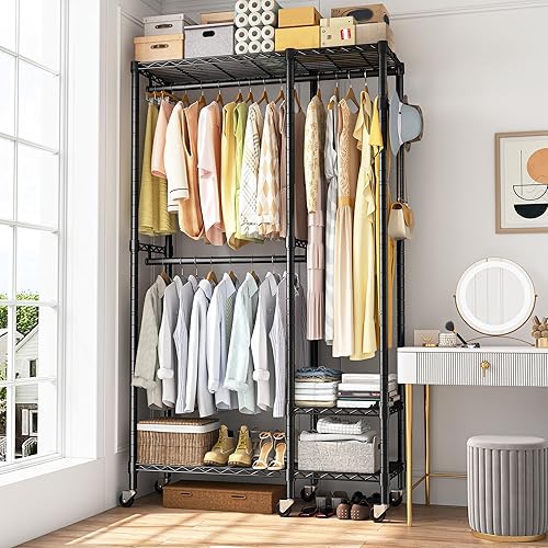 Miniatura 6 de Raybee Perchero de ropa con ruedas, perchero resistente para colgar ropa, estante portátil para armario, perchero rodante, negro, 80 pulgadas de