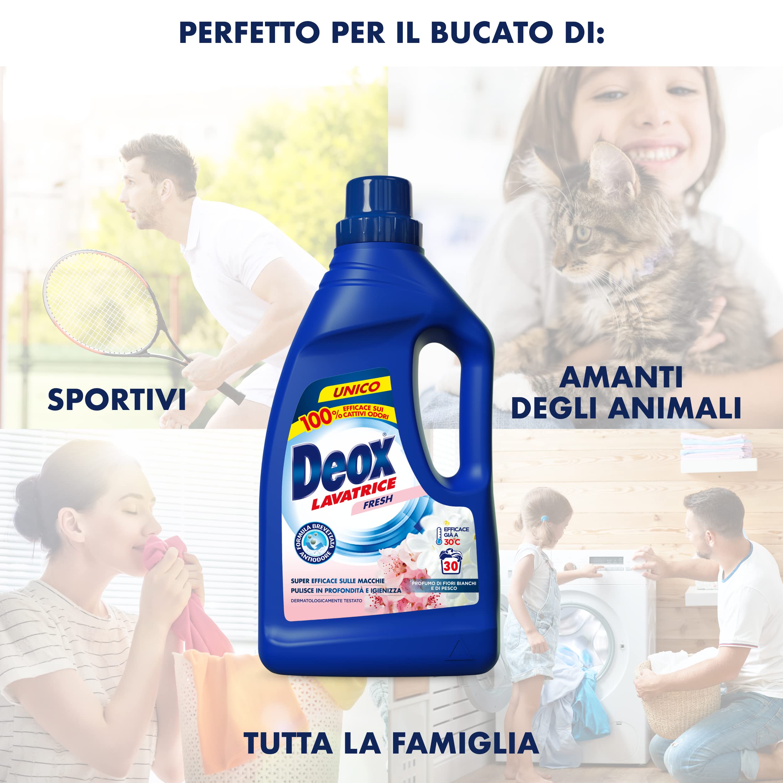 Deox - Detersivo Lavatrice Liquido Fresh, 144 Lavaggi, Smacchia e Igienizza, con Formula Antiodore, 1200ml x 6 Confezioni