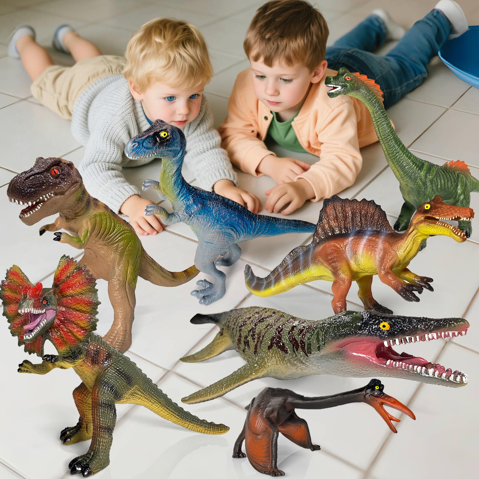 Juguetes de dinosaurio para niños de 3 a 5 años – Juego de 7 piezas con figuras de dinosaurio realistas de material suave