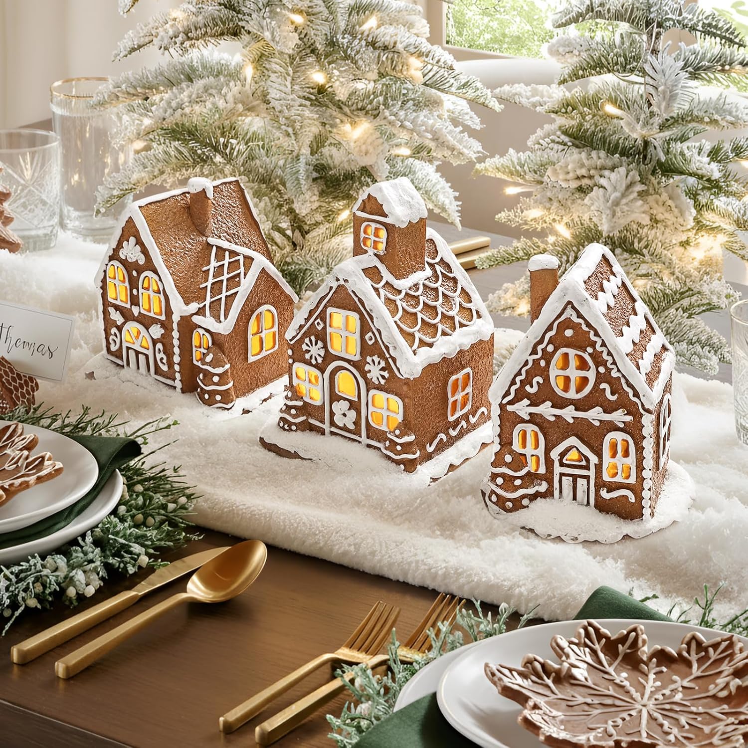 Resin Christmas Decorations: 3Pcs Light-Up Gingerbread House Christmas Village Collectible Figurines, Battery Powered LED Lights, Classic Gifts Swedish Xmas Decorations for Home Table Décor