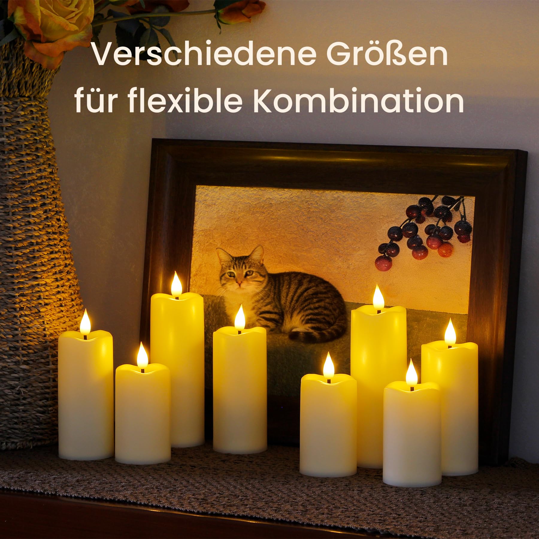 Yeelida Batterie flackernde LED-Kerzen, Packung mit 8 flammenlosen elfenbeinfarbenen Kunststoffkerzen mit Fernbedienungen und Zeitschaltuhr, die über 600 Stunden halten(5,3cmx 11, 14, 17cm)