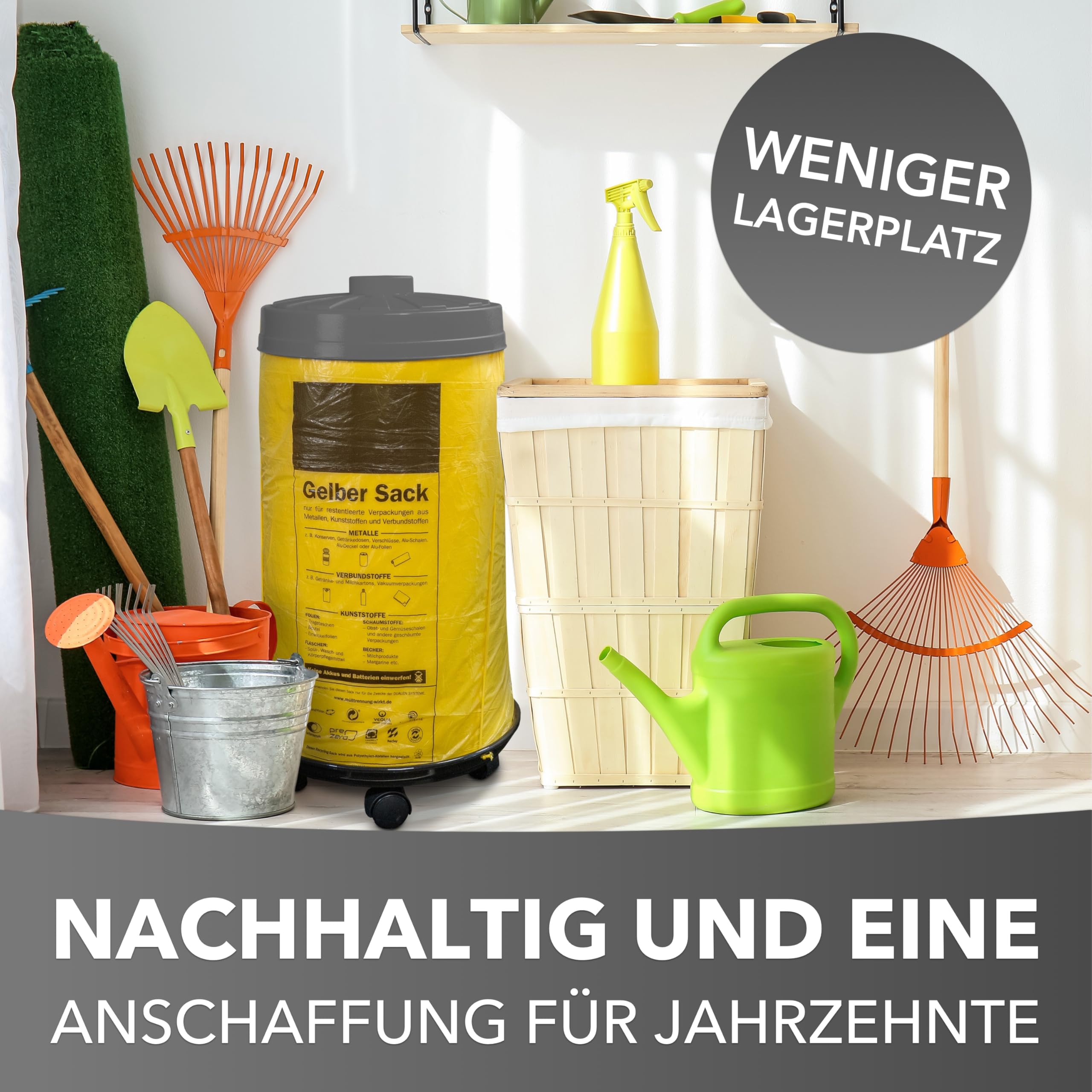 Sacktonne gelb mit Rollwagen und Deckel, Müllsackständer, Gelber Sack, Mülltonne, Wertstoffbehälter