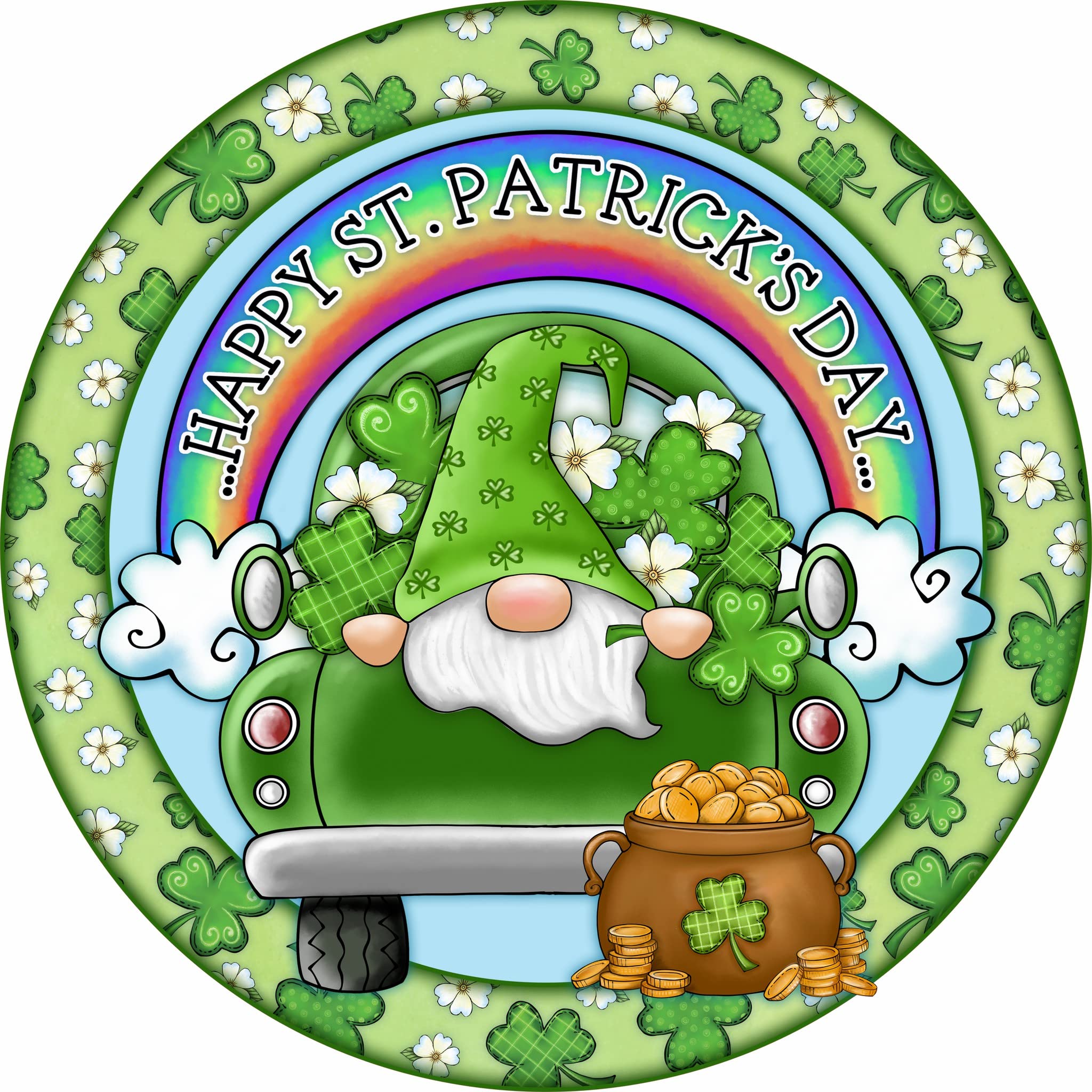 Retro Round Tin Sign 12 X 12 Inches Happy St. Patrick's Day Gnome Truck Wreath Attachment Funny Wall Decor Nostalgic Arts Decor Waterproof Plate Decoration Novelty Decorative Crafts Home Decor Gifts