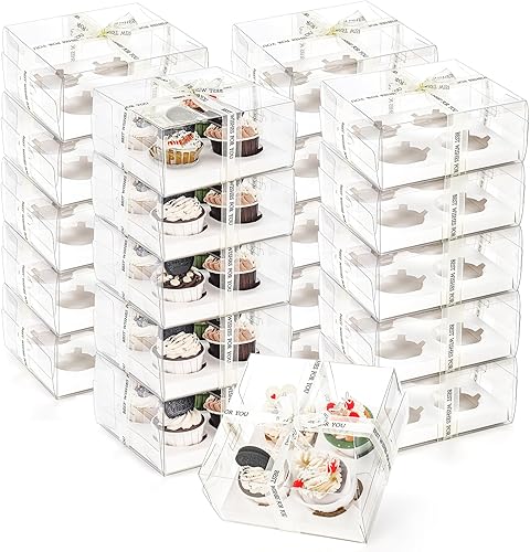 Cedilis Paquete de 20 cajas transparentes para cupcakes con cinta de regalo, 4 recipientes de plástico para cupcakes, soporte para cupcakes para