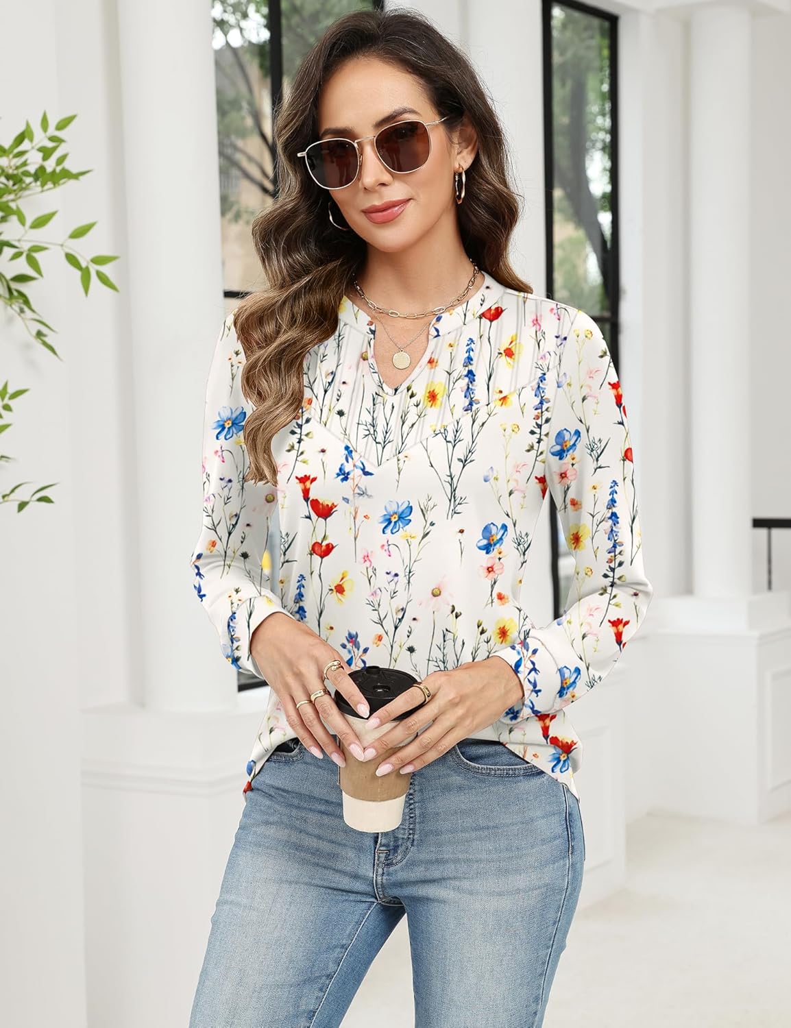 Rapbin Womens Long Sleeve Tops V Neck Dressy Casual T Shirts Trendy Pleated Tunic Shirts Loose Fit Basic Blouses - Image 3