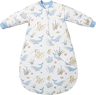 Chilsuessy Baby Schlafsack Winter mit abnembar Langarm Bio Baumwolle Babyschlafsack Kleine Kinder Ganzjahres Schalfsack Schlafanzug für Jungen und Mädchen, Blau Unterwasserwelt/2.5 Tog, 75-90 cm