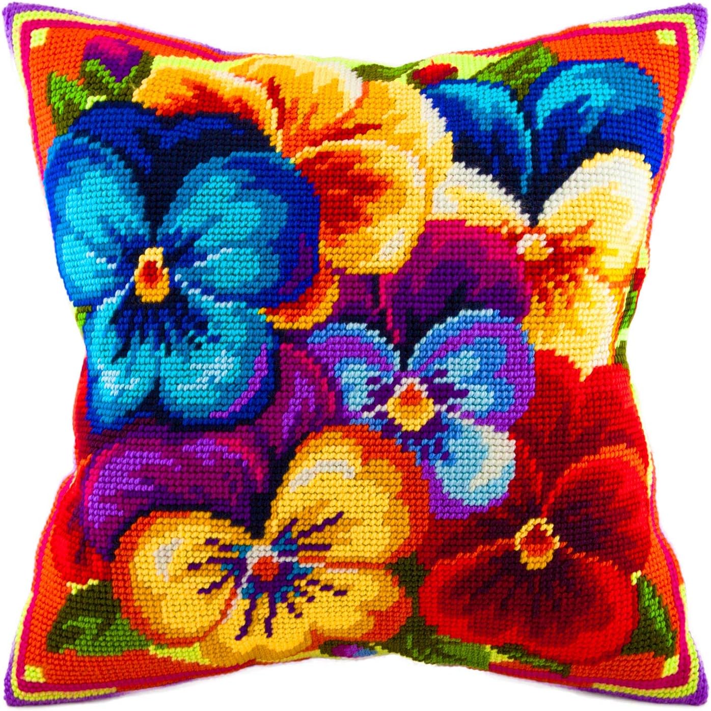 Brvsk Floral Stamped Cross-Stitch Kit for Adults and Beginners — Rainbow of Violas 16″ × 16″ with Clear, Precise Printed Design on Cotton Canvas; Includes 2 Needles, Yarn, and Easy-Read Chart
