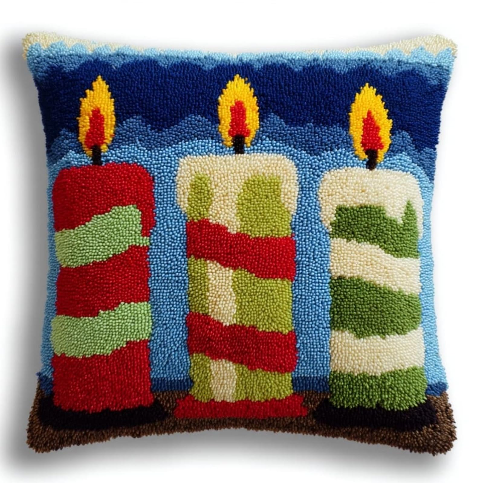 Henypt Latch Hook Pillow Craft Kit 43x43cm,Christmas Candles 17x17 Inch,Complete Starter Kit with Tools and Yarn for Beginners & Craft Enthusiasts