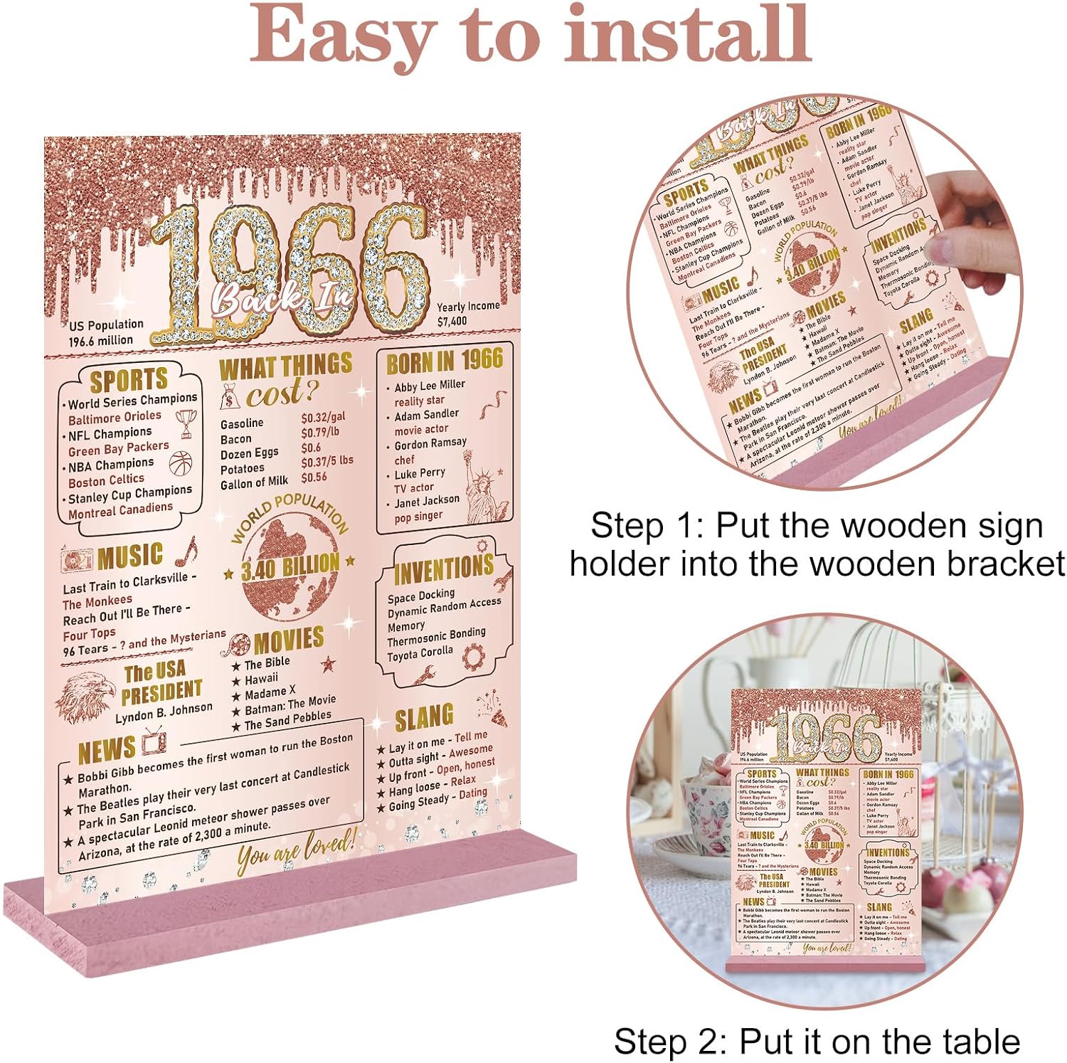 Bumqviy Happy 60th Birthday Decorations for Women, Back in 1966 Table Sign image 3