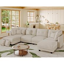 LLappuil 112" Modular Sectional Sofa with Storage, U Shaped 6-Seat Corduroy Couch with 6 Throw Pillows, Convertible Sofa Set for Living Room & Apartment, Skin-Friendly & Soft, Beige