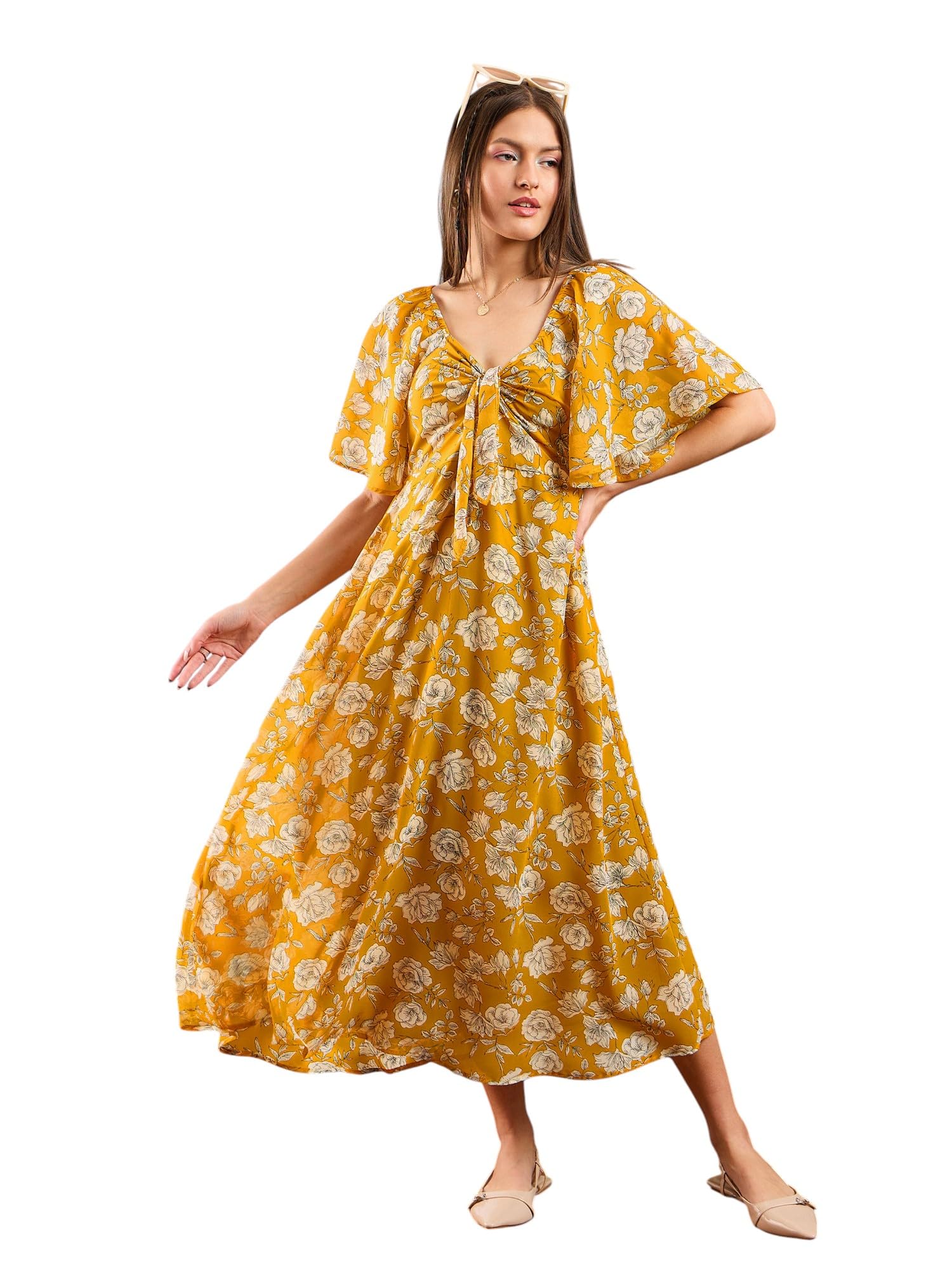 Women Floral Front Tie Midi Dress-image-34
