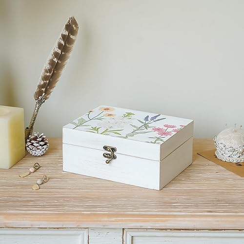 Miniatura 3 de Pequeña caja decorativa con tapa con bisagras, caja de almacenamiento de recuerdos hecha a mano de madera, caja de joyería con estampado floral,