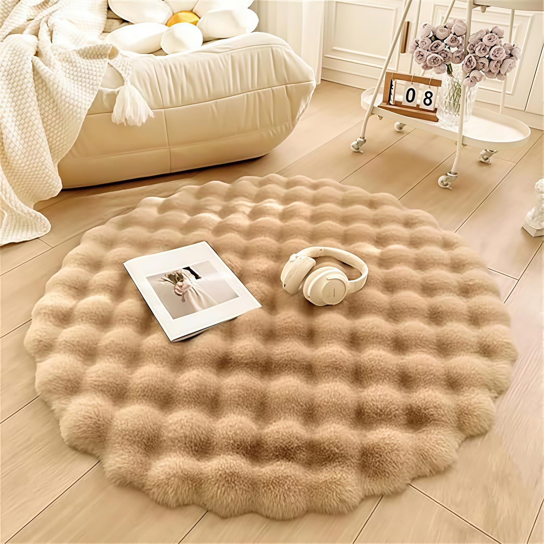 Tapis rond en peluche à poils longs vert 80 cm doux fausse fourrure lapin