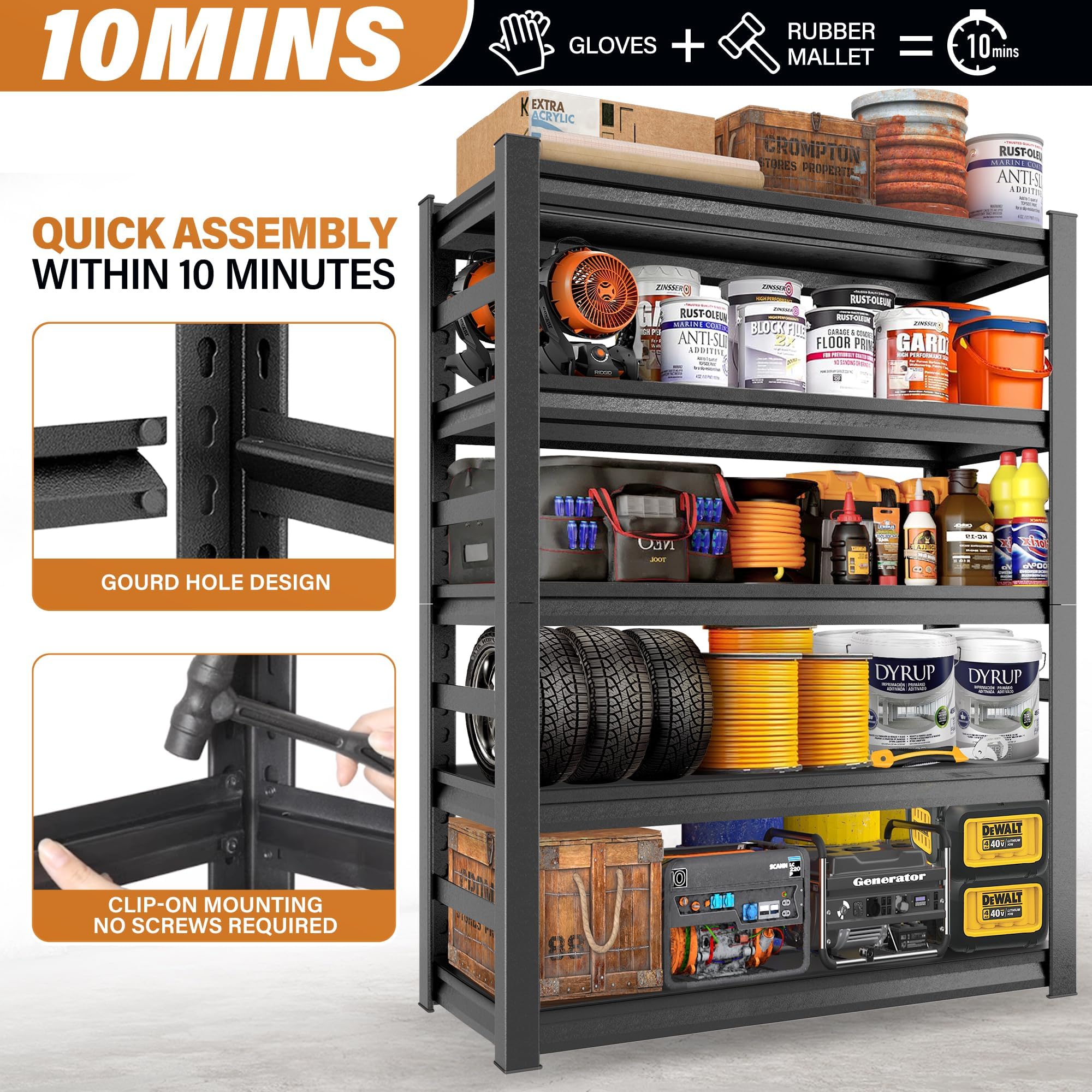 Scaffale per garage e stoccaggio, facile da montare, in metallo, 5 ripiani, resistente e regolabile, ripiani in acciaio per industrie, magazzini, cantine (121,9 x 45,7 x 198,1 cm (larghezza x