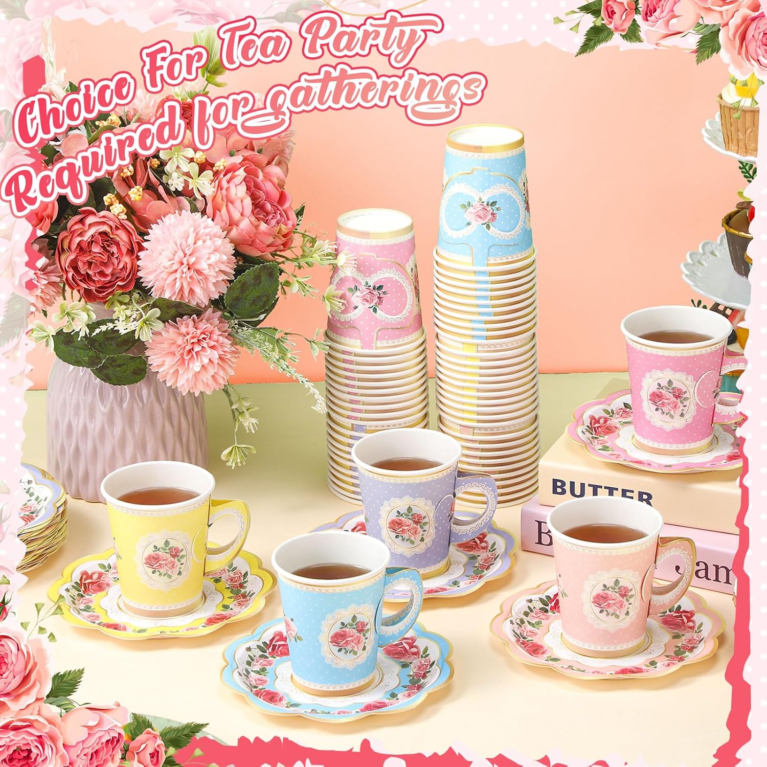 Tioncy 100 Pcs Tea Party Decorations Include 50 Pieces 9 oz Paper Tea Cups with Handle and 50 Plates Disposable Teacups and Saucers Sets for Birthday Baby Shower(5 Colors)
