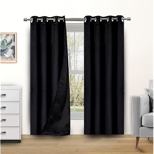 Blackout Curtains for Bedroom and Living Room, Bedroom Decor, Black Liner for 100% Blackout, Thermal Insulated, Built with Stainless Steel Grommet, Easy Installation, Black, 52x84