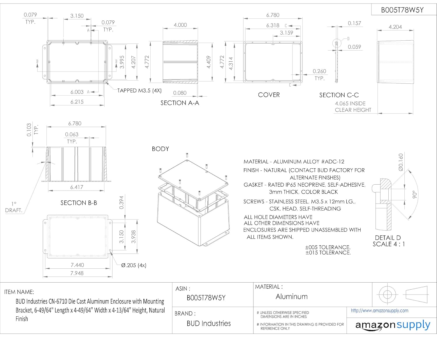 BUD Industries CN-6710 Die Cast Aluminum Enclosure 6.78" L x 4.77" W x 4.21" H, Natural