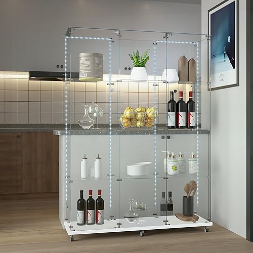 Miniatura 43 de Vitrina de cristal con 4 estantes con tira de luces LED y cerradura, vitrina de vitrina con ruedas y 1 puerta, vitrina de vidrio templado para sala