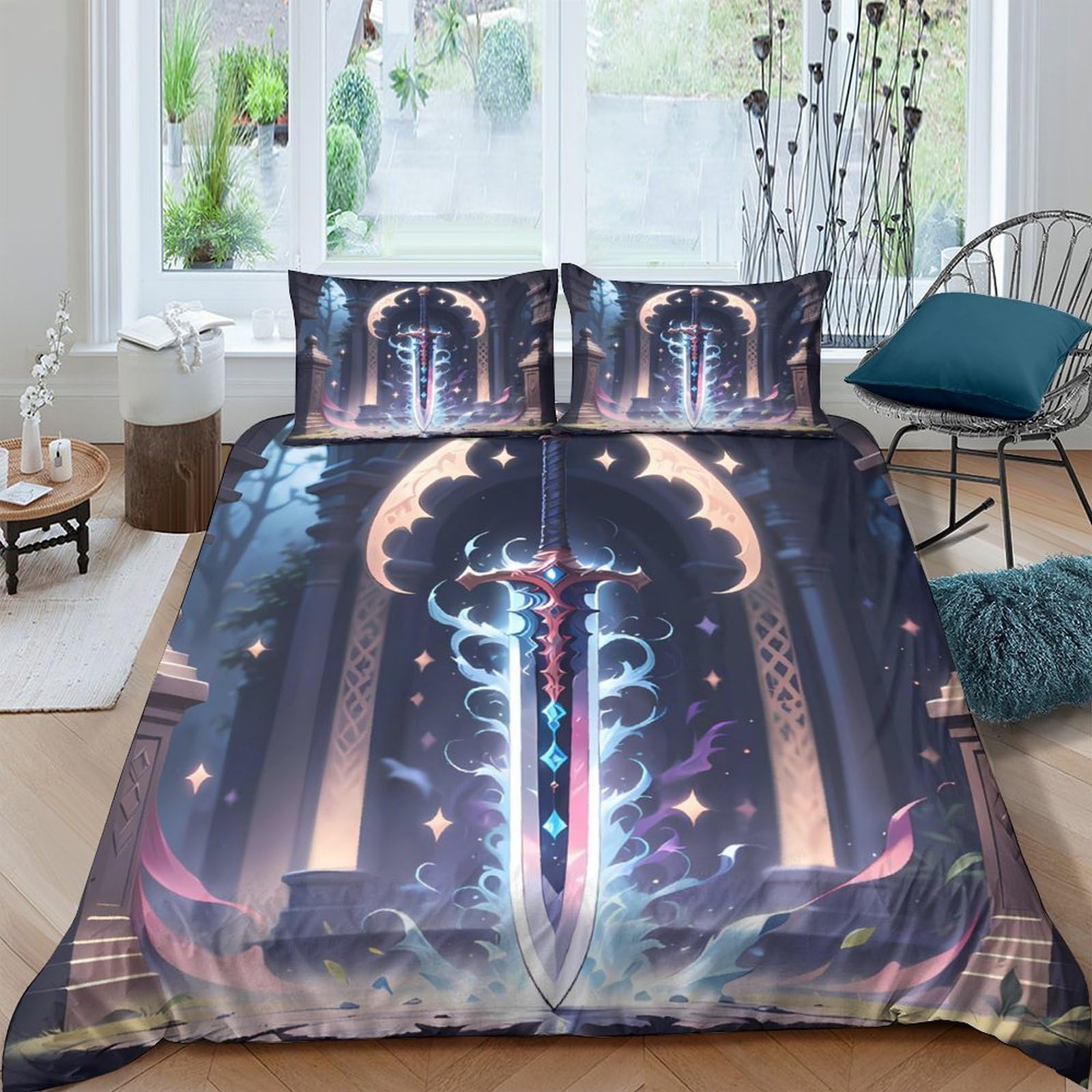 Ctjqhvkz Style-8 3D Printed Fantasy Sword Portal Fitted Sheet Microfiber Soft Breathable Magic Realm Bed Cover For Bedroom Decor Single（135X200cm）