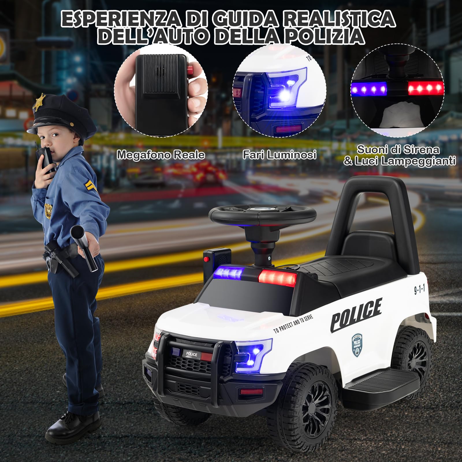 RELAX4LIFE Macchina Elettrica della Polizia per Bambini 6V, Velocità 3 km/h con Megafono Musica Sirena Lampeggianti e Fari, Porta USB,5-5 Anni,Portata 25 KG (BIANCO)