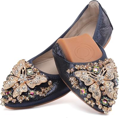 VYKF Womens Ballet Flats Foldable Rhinestone Pointed Toe Wedding Shoes Comfortable Slip on Flat Shoe