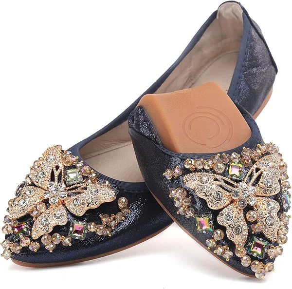 VYKF Womens Ballet Flats Foldable Rhinestone Pointed Toe Comfortable Slip on Wedding Flat Shoes Dress Flats for Women