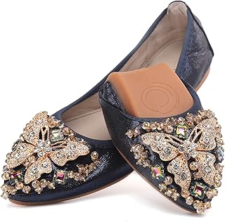 Womens Ballet Flats Foldable Rhinestone Pointed Toe Comfortable Slip on Wedding Flat Shoes Dress Flats for Women