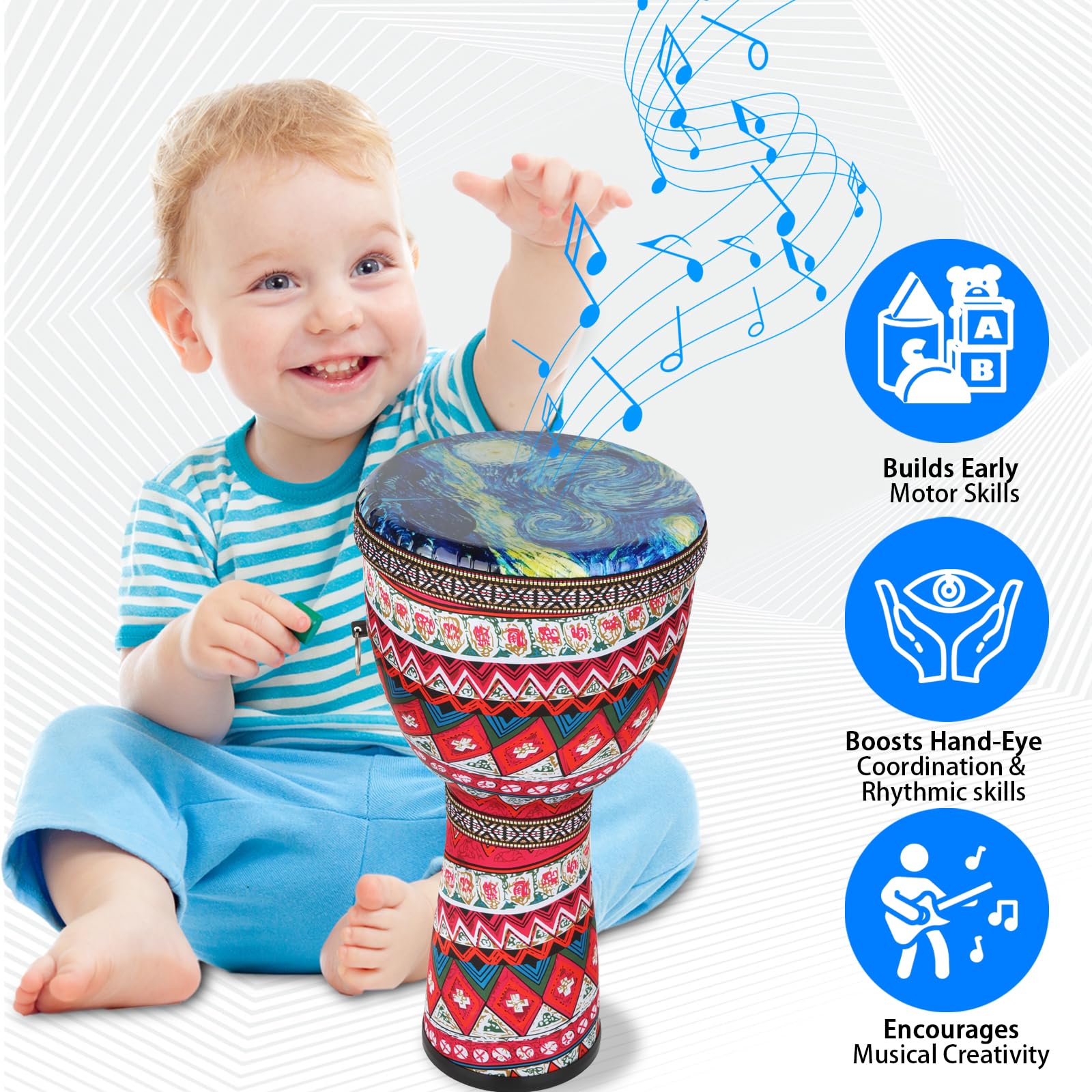 FF Bonfires 8.5-Inch African Drum - Durable PVC Djembe Drums Adults, Multicolor Uneteenth African Drums Percussion Instrument West African Style Djembes Music Healing Instrument for Beginner